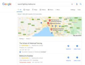 Google search results for sword fighting melbourne both with a HEMA group and a Budokai non-hema group