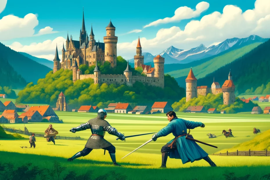 HEMA in Germany: A Travel Guide Title image. Shows two Historical European Martial Art fencers swordfighting in front of a castle.